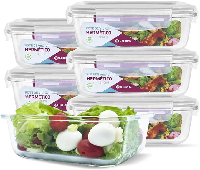 Kit com 15 Potes Herméticos de Vidro + 10 Copos de Vidro de Brinde