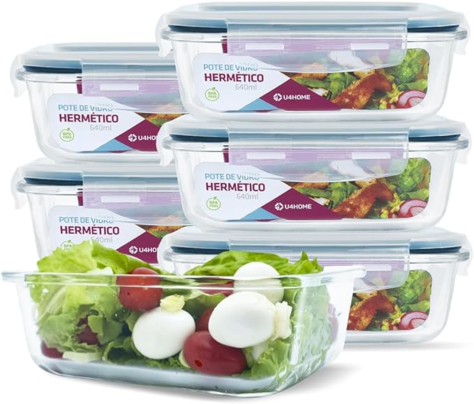 Kit com 15 Potes Herméticos de Vidro + 10 Copos de Vidro de Brinde