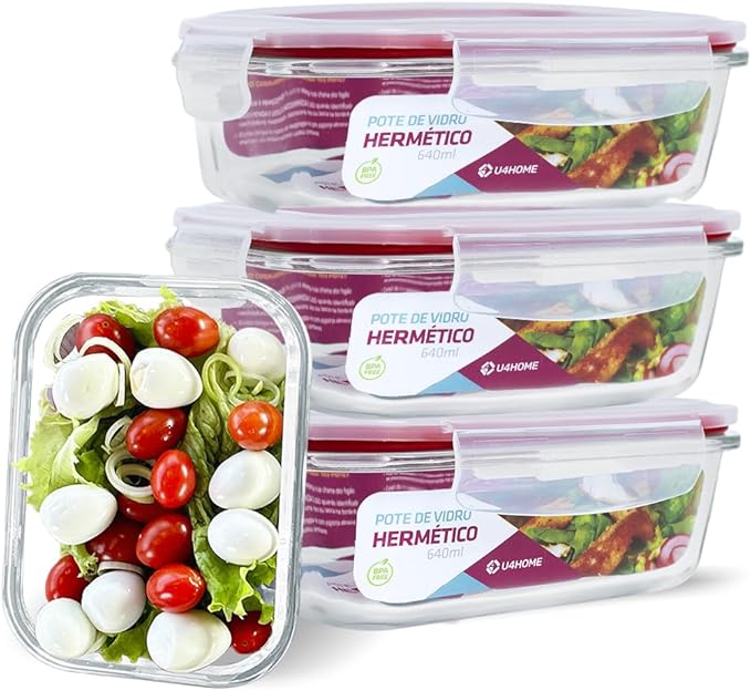 Kit com 15 Potes Herméticos de Vidro + 10 Copos de Vidro de Brinde