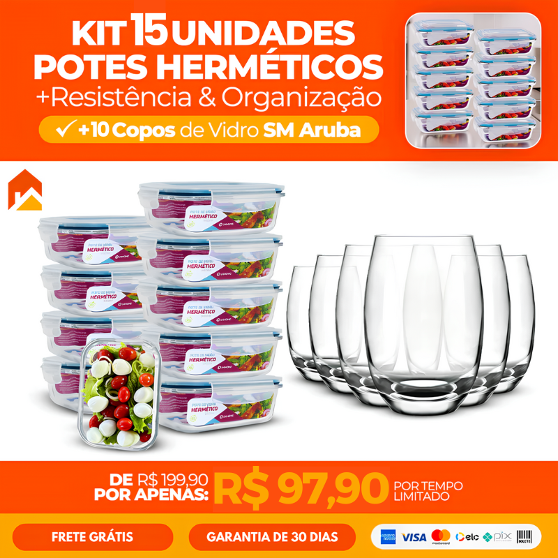 Kit com 15 Potes Herméticos de Vidro + 10 Copos de Vidro de Brinde