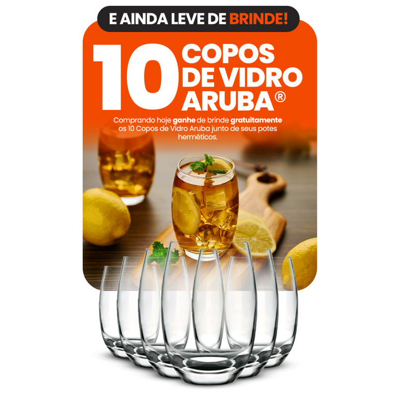 Kit com 15 Potes Herméticos de Vidro + 10 Copos de Vidro de Brinde
